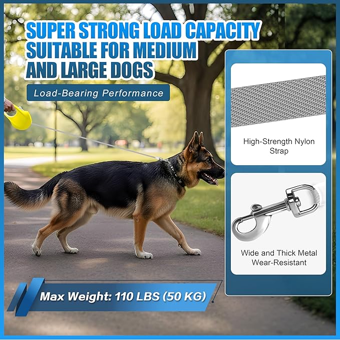 Retractable Dog Leash, 16 ft Strong Nylon Tape, 360° Tangle-Free, One-Handed Brake, Pause and Lock, Durable Non-Slip Handle, Lightweight, for Small, Medium and Large Breeds up to 88 lbs, Yellow