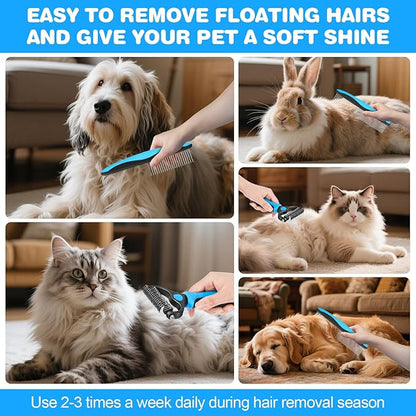 2-in-1 Pet Grooming Kit-Double-Sided Dematting Comb & Flea Comb for Detangling Matted Fur on Dogs/Cats/Rabbits-Effective Cat Brush & Dog Brush for Shedding（Blue