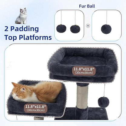Multi-Level Cat Tree for Indoor Cats, Cat Tower with 2 Scratching Boards, 2 Plush Padding Platforms, Cat Condo House with Hammock, Basket, Smoky Gray GCT022G