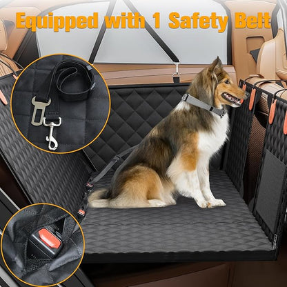 PETICON Back Seat Extender for Dogs, Hard Bottom Dog Car Seat Cover - Supports 400lbs, Rear Seat Pet Cover with Mesh Window, Waterproof Dog Hammock for Car SUV