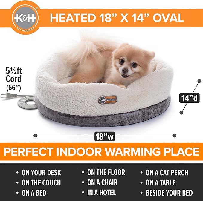K&H Pet Products Heated Cat Bed Indoor, Thermo-Snuggle Cup Bomber Soft Heated Pet Bed for Large Indoor Cats and Small Dogs, Machine Washable, Waterproof Heated Pad, Safety Listed - 18 X 14in Gray