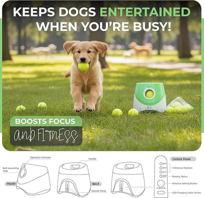 Automatic Ball Launcher for Dogs with 10 Tennis Balls (2 inch), Dog Ball Launcher with 3 Range Modes (10/20/30ft), Rechargeable Dog Balls Thrower for Small-Medium Dogs,Indoor/Outdoor Pet Fetch Machine