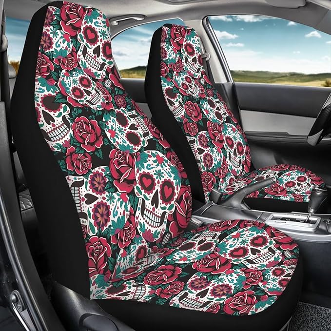 Dreaweet Halloween Car Seat Covers Front Seats Only Goth Car Accessories 2 Piece Red Rose Skull Front Car Seat Cover Washable Universal Fit Most Cars SUV Sedan Trucks