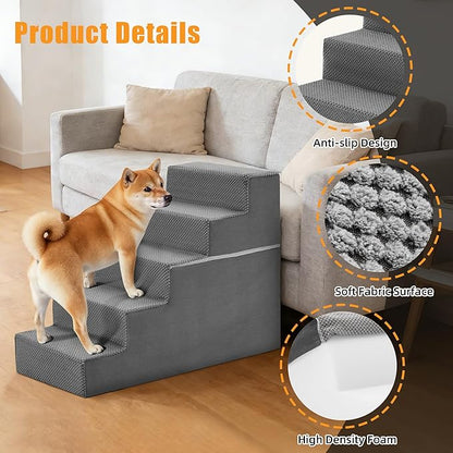 NEWBULIG 5-Step Dog Stairs, 22.5" H Dog Steps for Sofa and Chair, Non-Slip Sturdy Pet Steps for Small Dogs and Cats, Pet Ramp for High Bed Indoor(Grey)