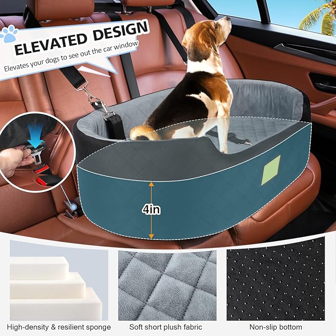 Dog Car Seat for Medium Dogs Up to 50 lbs, Pet Booster Seat for Cars SUVs and Trucks,Washable & Detachable Dog Car Bed with Safety Strap, Thick Cushion, Non-Slip Base(Black/Gray