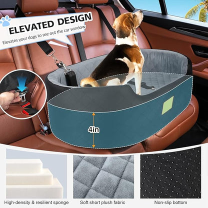 Dog Car Seat for Medium Dogs Up to 50 lbs, Pet Booster Seat for Cars SUVs and Trucks,Washable & Detachable Dog Car Bed with Safety Strap, Thick Cushion, Non-Slip Base(Black/Gray