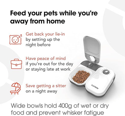 Cat Mate C200 Automatic 2 Meal Timer-Controlled Pet Feeder (401) - for Cats and Small Dogs, Includes Ice Pack for Wet and Dry Food, Meals up to 14 oz Each, White