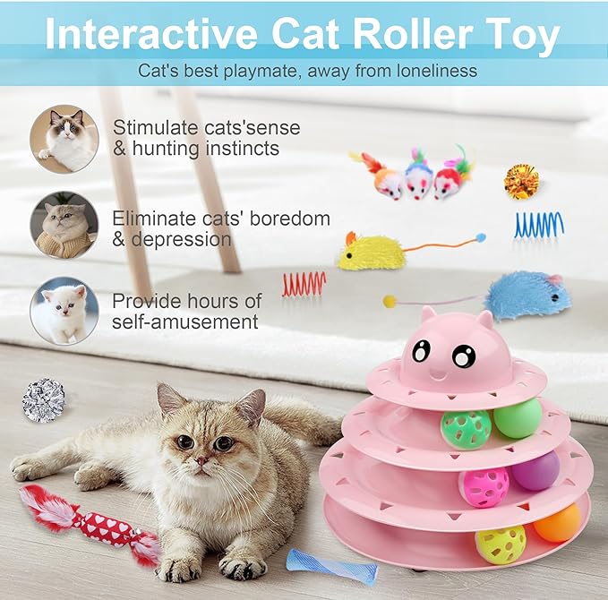 UPSKY 24 PCS Cat Toys, 3-Level Turntable Kitten Toys Set, Interactive Cat Roller Toys for Indoor Cats, Catnip Toys, Cat Teaser Toys, Mice Toys, Spring Toys, Various Ball Toys for Kitty