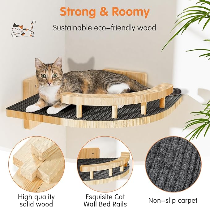 Cat Wall Shelves with 3 Steps, Wooden Cat Wall Furniture up to 15lbs, Floating Stairs for Small/Medium Cats, Kitty Wide Climber Shelf with Cozy Perch for Indoor, Sleeping, Jumping, Playing