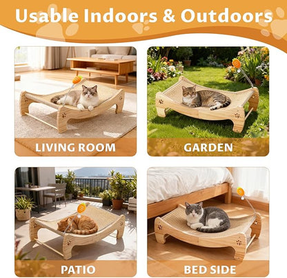 Cat Scratcher Bed with Interactive Carrot Toy - 3-in-1 Wooden Sisal Scratching Pad, Hammock Lounge & Play Center for Indoor Cats - Furniture Protector, Solid Wood Frame (Extra Large)