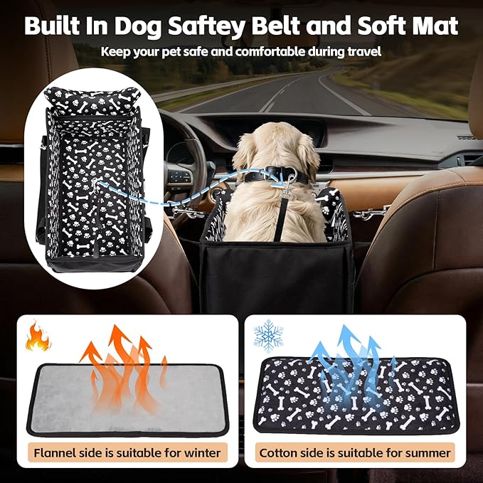 Center Console Dog Car Seat, Portable Pet Cat Puppy Booster Armrest Carseat, Anti-Collapse Pet Car Seat with Safety Leash, Adjustable Straps, Storage Pockets, Support Pet Up to 15lbs (Black)