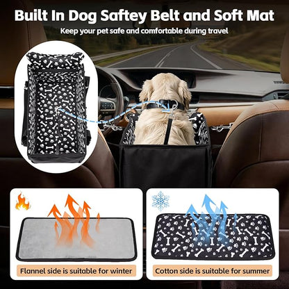 Center Console Dog Car Seat, Portable Pet Cat Puppy Booster Armrest Carseat, Anti-Collapse Pet Car Seat with Safety Leash, Adjustable Straps, Storage Pockets, Support Pet Up to 15lbs (Black)