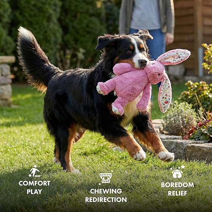 Pet Lou 15 Inch Rabbit Dog Chew Toy, Super Soft & Durable Plush with Crinkle Ears & Built-in Long Lasting Squeakers, Interactive Stuffed Squeaky Dog Toy