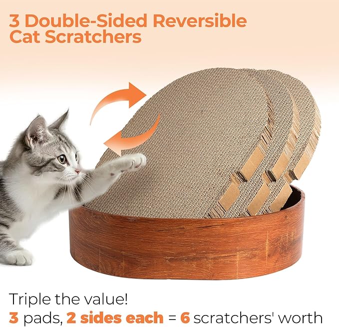 3 Pcs 16 Inch Cat Scratching Board with Box, 2 in 1 Cardboard Cat Scratchers Bed for Indoor Cats, Round Scratch Bowl with Thicker Double-Sided Pad for Cats' Scratch Need