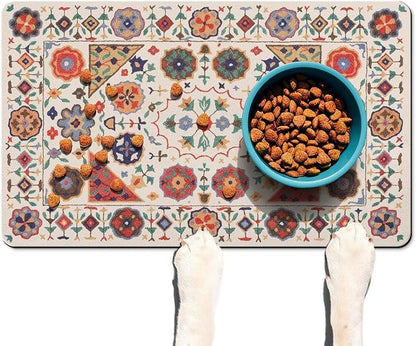 Moroccan Trellis Dog Food & Water Mat, Boho Colorful Vintage Pet Feeding Mat for Floor Non-Slip Waterproof, Super Absorbent Cat Bowl Mat, Easy to Clean Durable Pet Placemat,12" × 20"