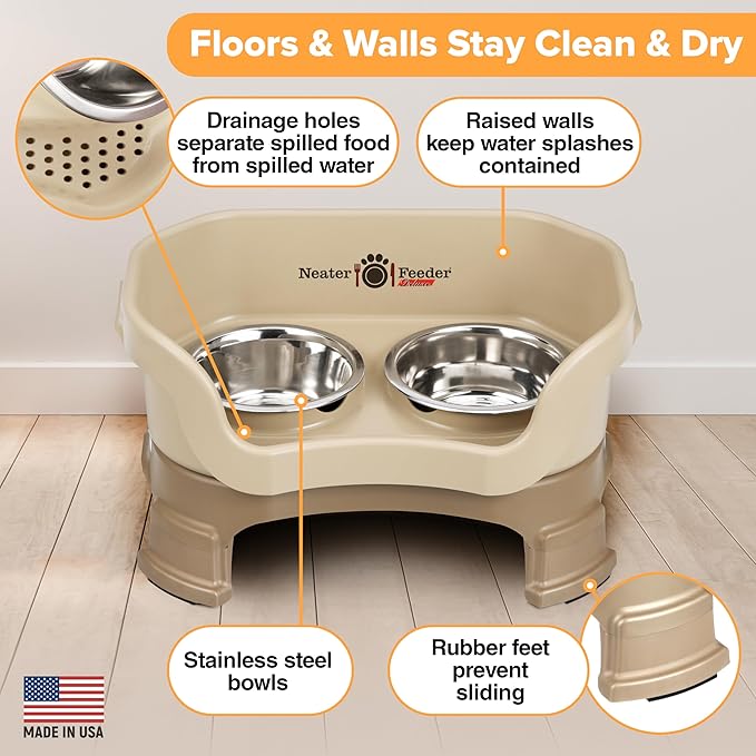 Neater Feeder Deluxe Mess-Proof Elevated Dog Bowls for Small Dogs (Up to 19 lbs), 2 Height Adjustable (6” & 7.5”) No-Spill Raised Dog Bowl Stand, Stainless Steel Food Bowl Set, Made in USA, Cappuccino
