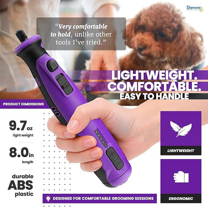 Diamondg Cordless Dog Nail Grinder with Quiet Sound & LED Tip for Large & Small Dogs, 4hrs. Runtime - Electric Dog Nail Trimmer, Heavy Duty Rotary Tool Alternative to Toenail Clippers & Filers