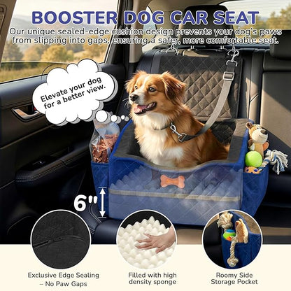 Dog Car Seat for Small Medium Dogs, 6" Elevated Dog Booster Seat with ISOFIX Safety Fixation, Washable Cover & High Density Memory Foam, Portable for Car Front/Rear/Trunk Home Outdoor Use (Navy Blue)