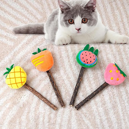 Cat Chew Toys 4 Pack, Silvervine Sticks and Organic Catnip Toys for Indoor Cats, Kitten Teething Chew Stick Toys, Dental Chew Toys for Cats, Interactive Cat Kicker Toys for Kittens and Adults