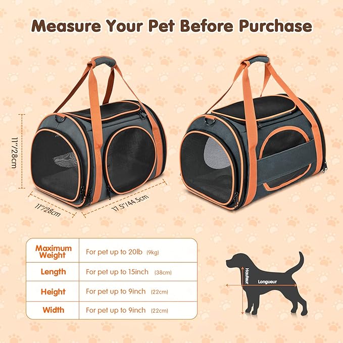 Cat Carrier TSA Airline Approved with Ventilation for Small Medium Cats Dogs Puppies, Dog Carrier with Big Space, 5 Mesh Windows, 4 Open Doors for Comfortable Travelling.