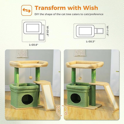 PEQULTI Small Cat Tree Cactus Cat Tower for Large Adult Cats with Wide Top Perch, Private Cat Condo and Sisal Scratching Post&Pad for Indoor Cats, Green