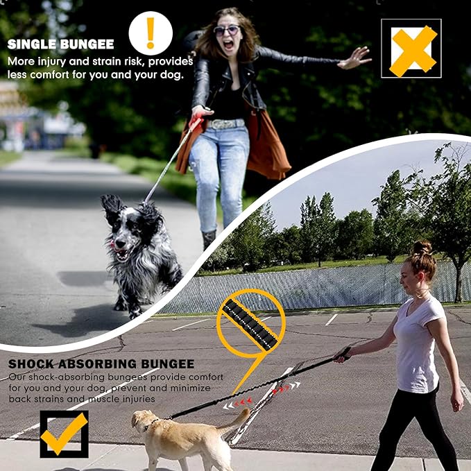 Fashion&Cool Heavy Duty Dog Leash Especially Large Dogs Up to 150lbs, 4-6 Ft Reflective Dog Walking Training Shock Absorbing Bungee Leash Car Seat Belt Buckle, 2 Padded Traffic Handle Extra Control