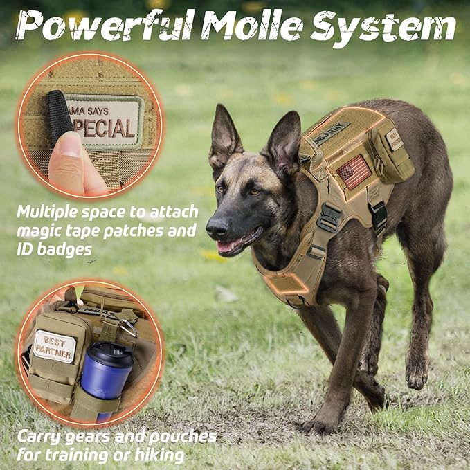 rabbitgoo Tactical Dog Harness Medium Sized, Heavy Duty Pet Harness with Handle, No-Pull Service Vest Medium Breed, Adjustable Military Dog Vest for Training Hunting Walking, Brown, M