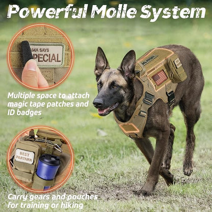 rabbitgoo Tactical Dog Harness Medium Sized, Heavy Duty Pet Harness with Handle, No-Pull Service Vest Medium Breed, Adjustable Military Dog Vest for Training Hunting Walking, Brown, M
