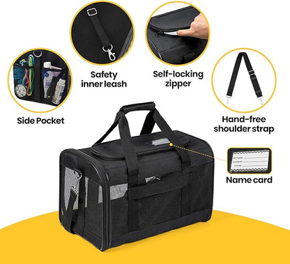 Cat Carrier Airline Approved, Soft-Sided Dog Carrier with Inner Safety Leash, Pet Transport Carrier for Small-Medium Cats Puppies up to 15 Lbs, Collapsible Travel Kitten Carrier Bag -BlackM