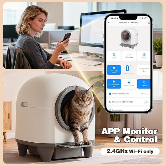 Greesum UltraSmart AutoClean Litter Box - 90L Large Capacity for Multi-Cat Households with Safeguard Tech, APP Control, Odor-Free Design & Mat/1 Roll Litter Bag