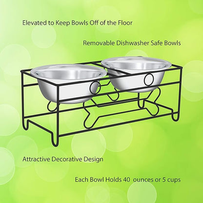 Set of 2 Stainless Steel Dog Bowls - 40oz Pet Bowls with Decorative Dog Food Stand - Metal Food and Water Dishes for Large Pets - Puppy Essentials by PETMAKER (Silver/Black)