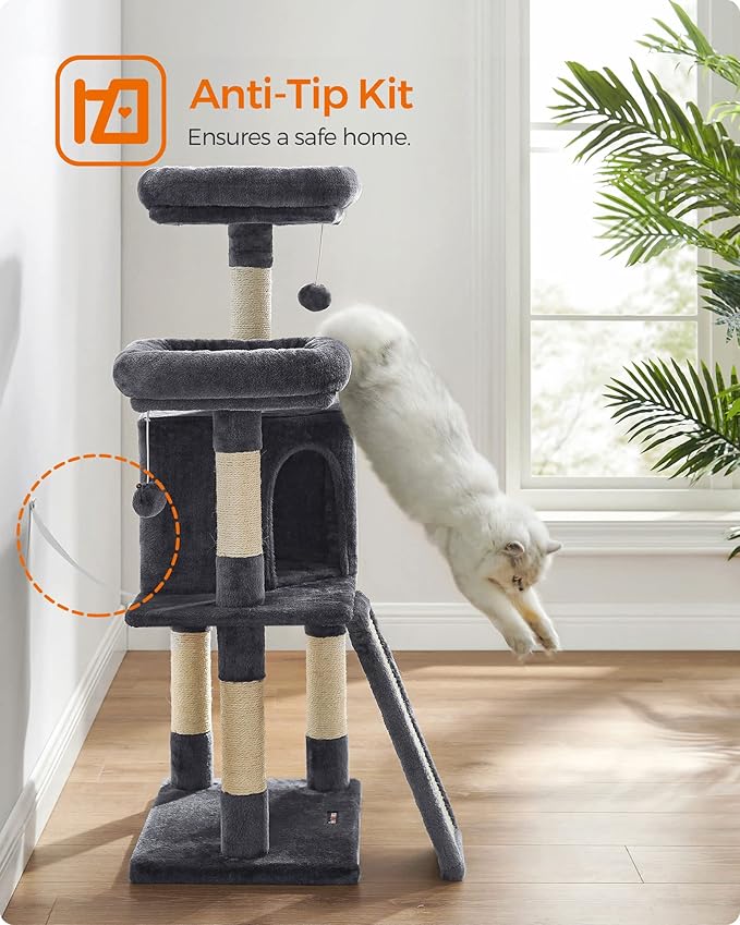 Feandrea Cat Tree, 45.3-Inch Cat Tower, Plush Condo with Scratching Post, Ramp, Perch, Spacious Cave, for Small Space, Smoky Gray UPCT141G01