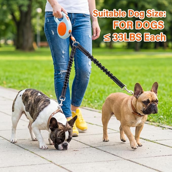 Double Dog Leash for Walking 2 Small Dogs (Up to 33 Lbs Each), Dual Retractable 9.8ft Extendable Strong Nylon Tape Pet Leash with Poop Bags, One-Handed Brake, Pause, Lock (Orange)