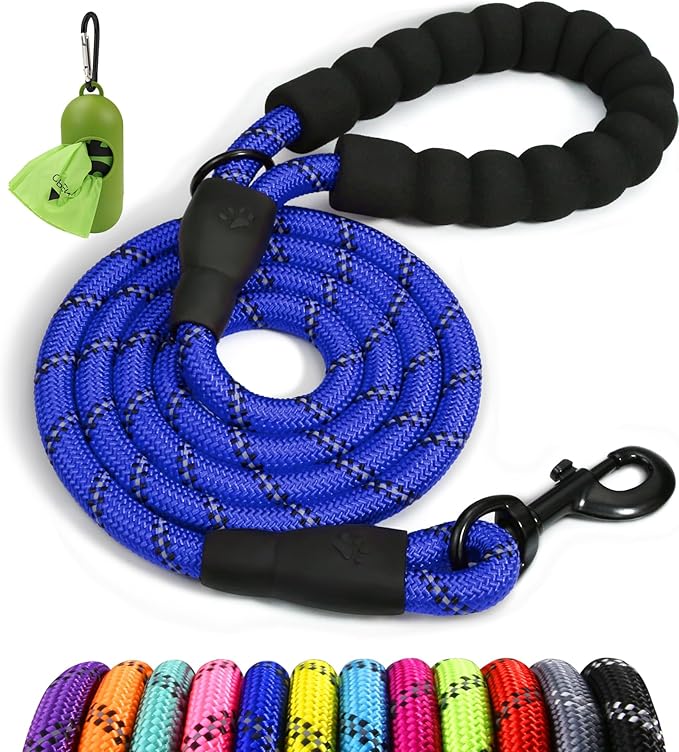 Taglory Rope Dog Leash 6 FT with Comfortable Padded Handle, Highly Reflective Threads Leash and Anti-Tangle Clip for Walking Small Dogs, 3/8 inch, Navyblue