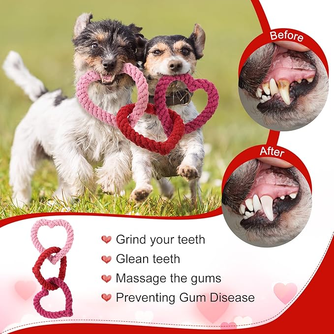 Leitee Valentine‘s Day Chew Toys Heart Interlocking Dog Rope Toy Heart Pet Chew Rope Puppy Throwing Toy Gifts Cotton Chewing Supplies for Small and Medium Dogs