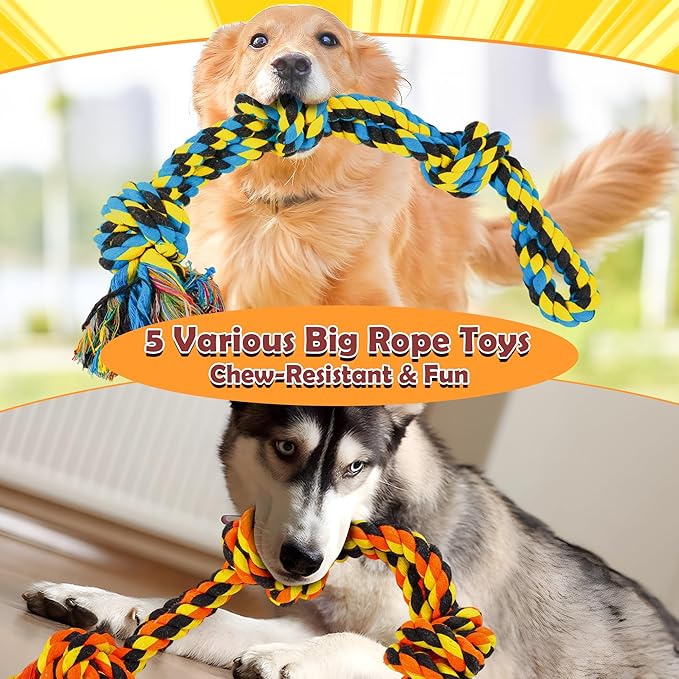All Large Dog Rope Toys for Aggressive Chewers, 5 Nearly Indestructible Various Tough Rope Toys for Large and Medium Breed, 100% Cotton for Teeth Cleaning, Tug of War, No Small Type