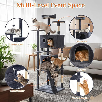 DUMOS 70-inch Indoor Cat Tree Tower –Multi-Level Pet House for Large Cats with 2 Condos, Scratching Posts, Round Platform, Small Ladder, and Toys, Grey