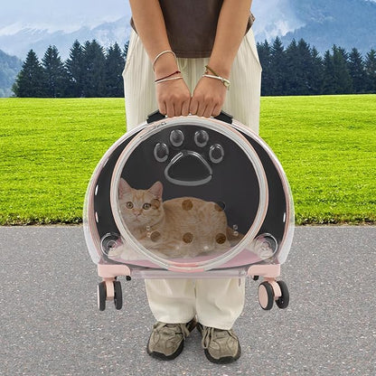 Transparent Bubble Pet Carrier with Wheels, Breathable Cat Dog Travel Carrier with 3-Stage Handle & Removable Strap, Portable Trolley Case with Ventilation for Small Dogs & Cats (Light Pink)