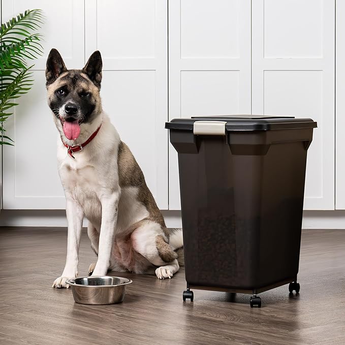 IRIS USA Dog Food Storage Container 58 Lb, Airtight Large Pet Food Storage Bin with Wheels, for Dog Cat Bird Chicken Food, Holds Up to 58 lbs, Keep Fresh, BPA Free, Made in USA, Black