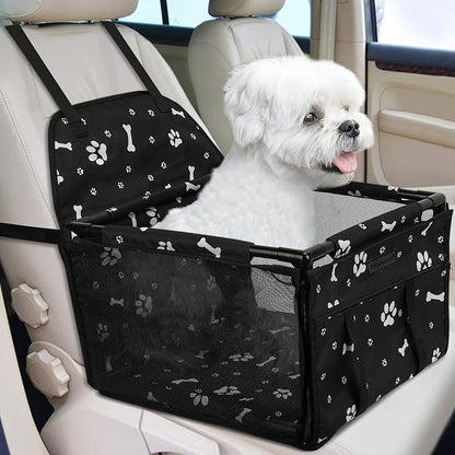 PetsHome Dog Car Seat Foldable Dog Car Booster Seat Waterproof Breathable Oxford Travel Bag for Small to Medium Dogs, Puppies, and Pets-Pattern Black-Upgrade
