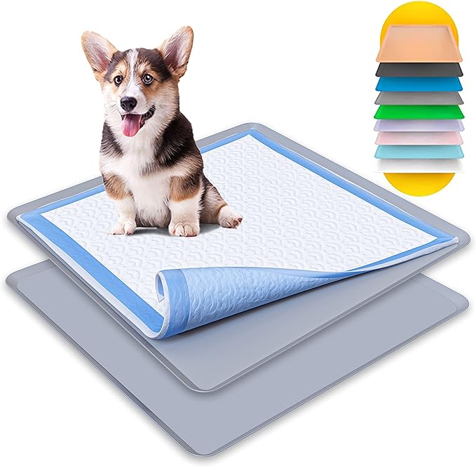 Skywin TidyFriend 2 Pack Dog Pee Pad Holder Tray - Fits Up to 24” x 24” Pee Pad Holder for Dogs - Stable Grip, Raised Edges, Quick-Wipe Silicone Surface Dog Pad Holder for Indoor (Dark Grey)