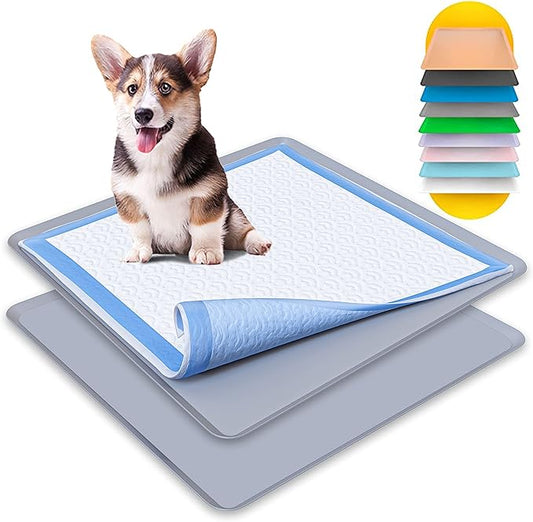 Skywin TidyFriend 2 Pack Dog Pee Pad Holder Tray - Fits Up to 24” x 24” Pee Pad Holder for Dogs - Stable Grip, Raised Edges, Quick-Wipe Silicone Surface Dog Pad Holder for Indoor (Dark Grey)