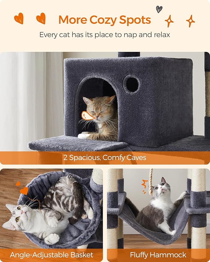 Feandrea Cat Tree, 81.1-Inch Large Cat Tower, Multi-Level Plush Condo with 13 Scratching Posts, 2 Perches, 2 Caves, Basket, Hammock, Pompoms, Smoky Gray UPCT190G01