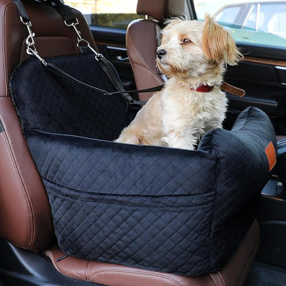 Dog Car Seat for Small/Medium Dogs,2 Adjustable Seat Belt,Memory Foam with Soft Fabric Pets Travel Car Bed with Non-Slip Bottom,Easily Installed in Front and Back Seats,Removable and Washable(H-Black