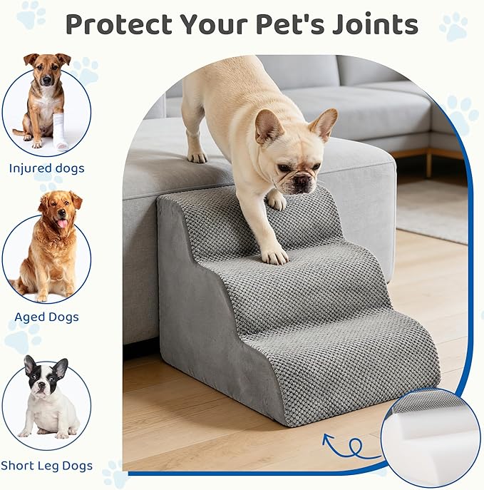 DUMOS Dog Stairs Ramp for Small Dogs and Cats, 3-Step Curved Pet Dog Steps with High-Density Foam for Puppy and Older Cats, Indoor Non-Slip Pet Ladder Ramp Stairs for Couch, High Beds, Sofa, Car, Grey