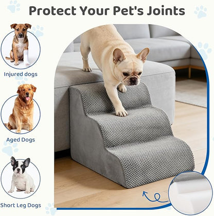 DUMOS Dog Stairs Ramp for Small Dogs and Cats, 3-Step Curved Pet Dog Steps with High-Density Foam for Puppy and Older Cats, Indoor Non-Slip Pet Ladder Ramp Stairs for Couch, High Beds, Sofa, Car, Grey