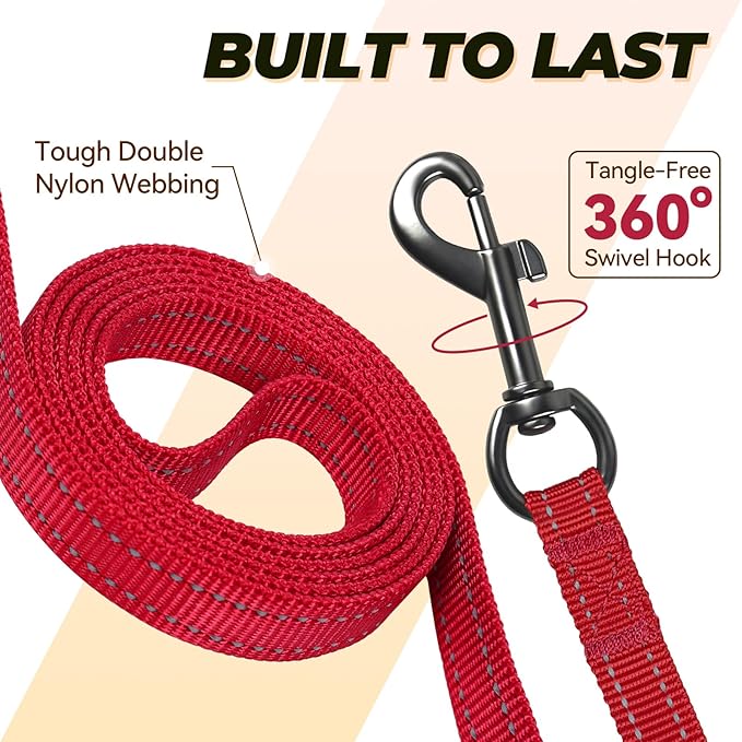 VIVAGLORY Dog Leash Twingrip Double Handle Dog Leash with Traffic Handle Control & 2 Loop for Walking & Training, Reflective Heavy Duty for Puppy Pet Collar, 5ft x 1/2in, Red
