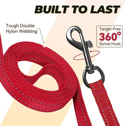 VIVAGLORY Dog Leash Twingrip Double Handle Dog Leash with Traffic Handle Control & 2 Loop for Walking & Training, Reflective Heavy Duty for Puppy Pet Collar, 5ft x 1/2in, Red