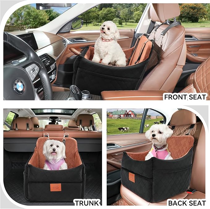 GL GLENSLAVE Dog Car Seat for Small/Medium Dogs, Dog Booster Car Seats with Thick Cushion for Dogs Under 35 lbs, Detachable Washable Pet Carseat with Storage Pockets, 2 Safety Belts(Black/Brown)