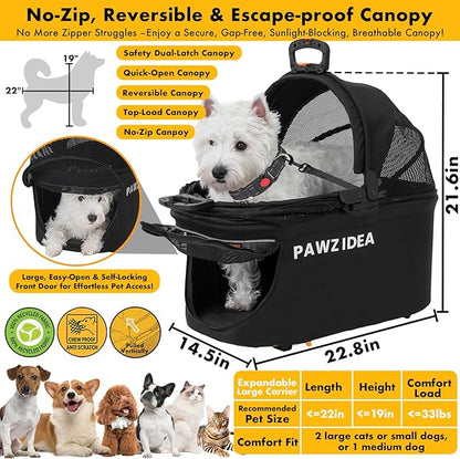 PAWZIDEA Portable Small Dog Crate for Car Travel up 33lbs, Enclosed Dog Car Seat Soft-Sided, Escape-Proof Reversible No-Zip Canopy, Foldable Pet Carrier Seatbelt for Small Medium Puppies & Cats Kennel